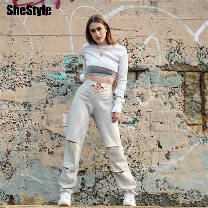 Shstyle/серые прямые свободные повседневные штаны с дырками для женщин 2019 высокой