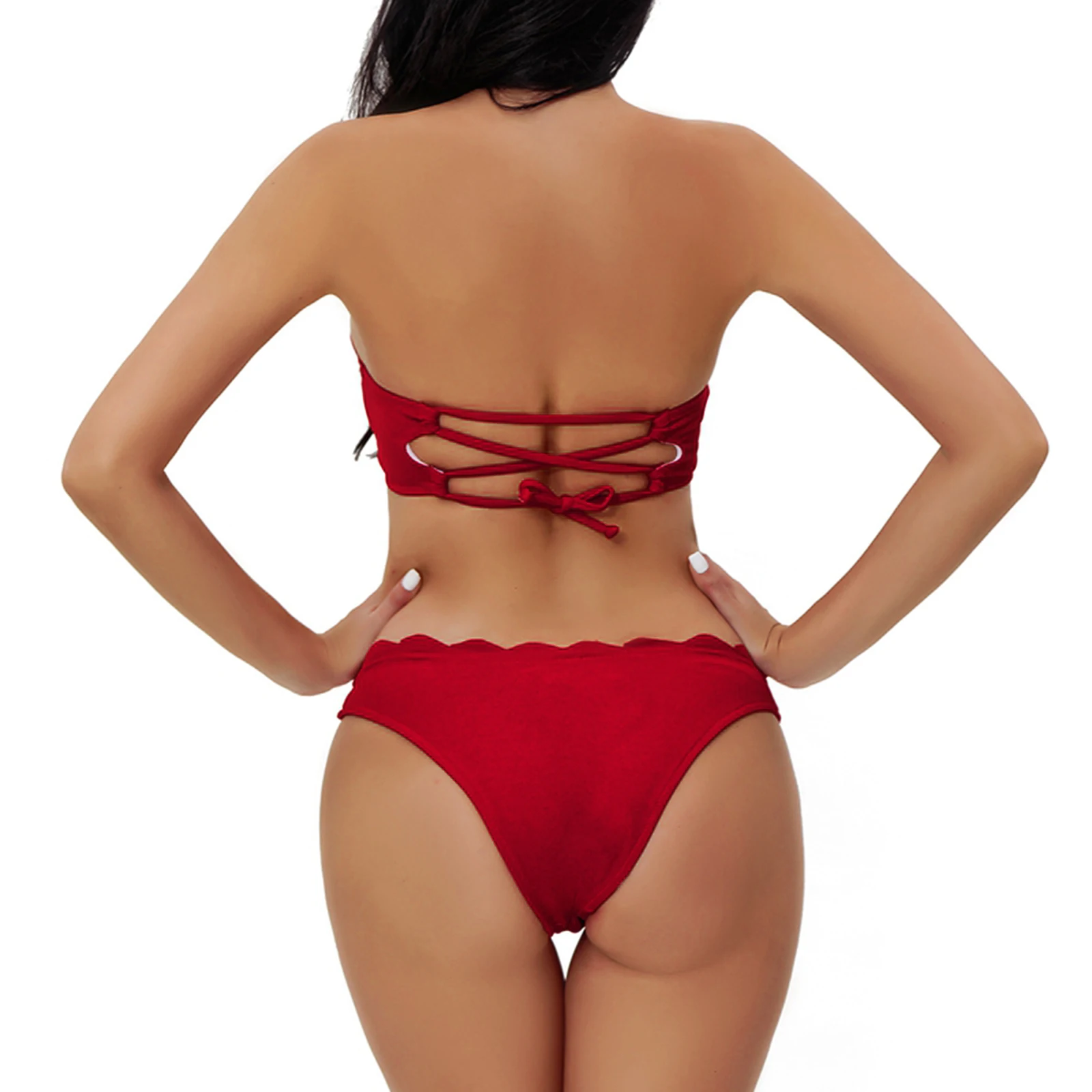 

Meihuida Women's Solid Color Bikini Suit, Ruffled Neckline Strapless Tops with Triangle Bottom, Simple and Sexy 2Pcs Swimwear