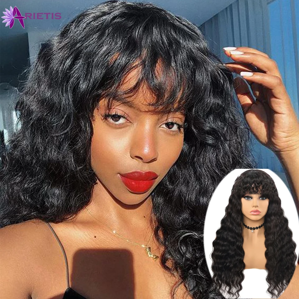 

Loose Deep Wave Wig Human Hair Wigs For Black Women Brazilian Remy Hair Full Machine Wig With Bangs Cheap Hair 8"-24"Inches