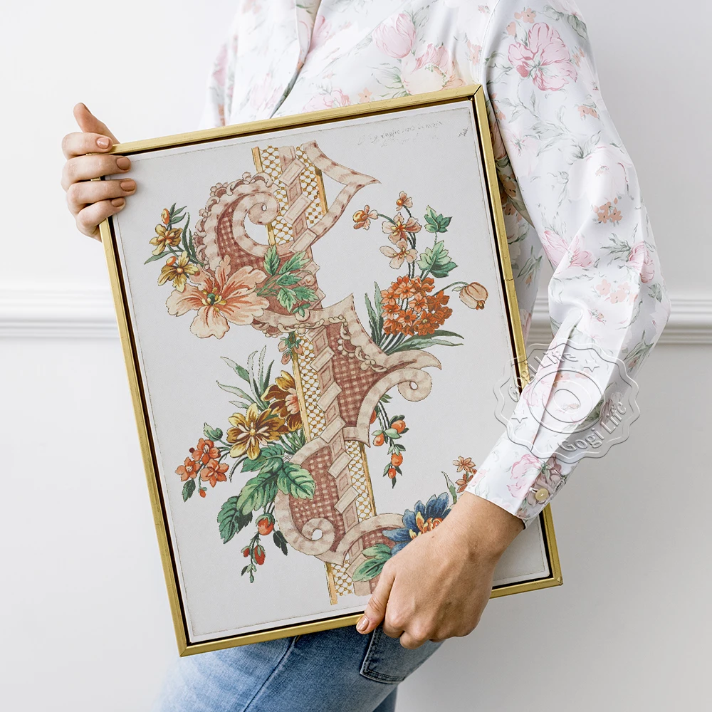 

Giacomo Cavenezia Vintage Exhibition Poster, Vertical Decorative Floral Band Canvas Painting, Antique Floral Designs Home Decor