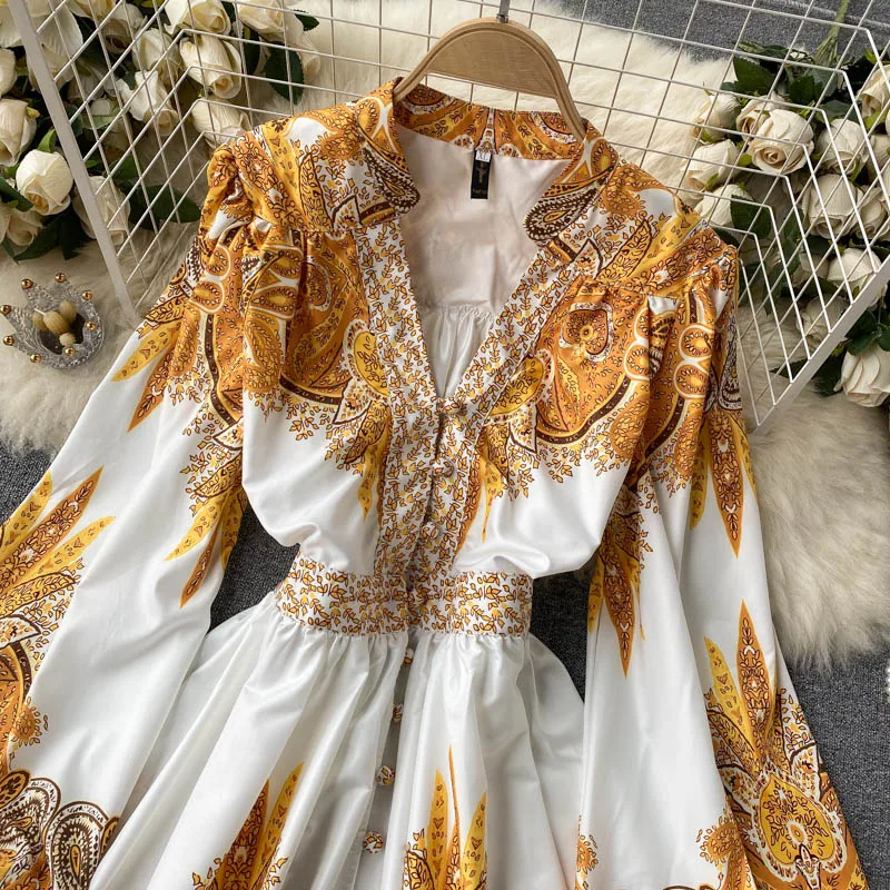 Женское платье ALPHALMODA богемное с длинным рукавом и V-образным вырезом пуговицами