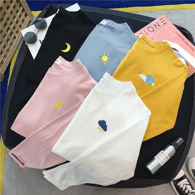 korean ulzzang Women T-shirts harajuku funny weather embroidery t shirt autumn long Sleeve casual loose Tshirt black white tops | Женская