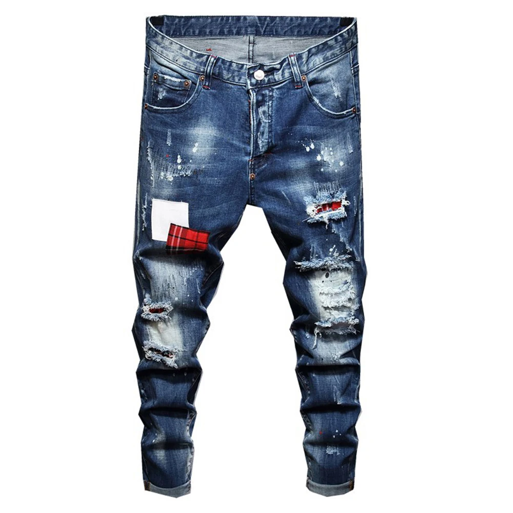 

Men's Holes Ripped Patchwork Stretch Jeans Slim Skinny Distressed Patch Design Denim Pants Trousers