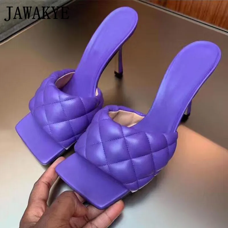 purple Новинка; шлепанцы на высоком каблуке с квадратным носком; женская обувь для подиума из натуральной кожи с ромбовидным узором; Женская пикантная обувь для вечеринок; Цвет Фиолетовый, кофейный, красный - Цвет: purple