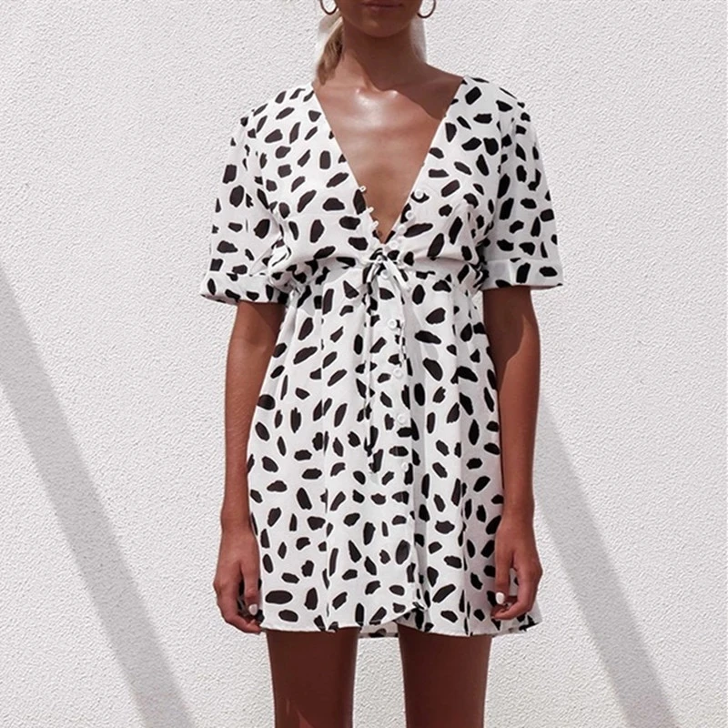 Женское пляжное мини платье повседневное облегающее с v образным вырезом и