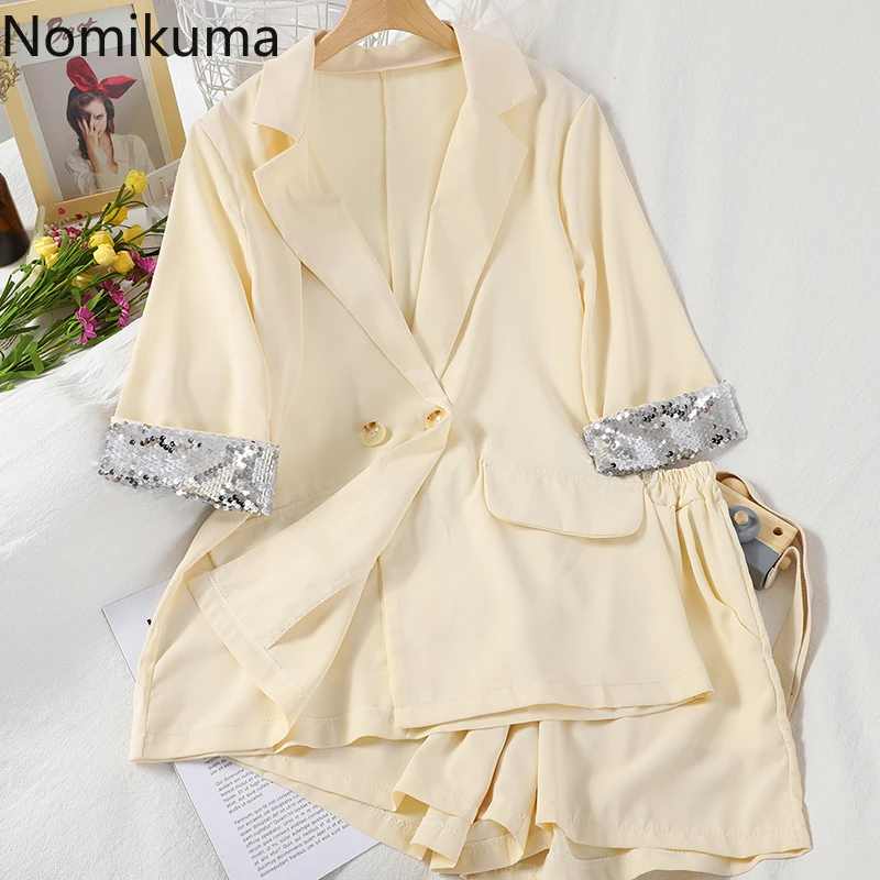 Nomikuma/корейские костюмы повседневные блейзеры с блестками шорты высокой талией