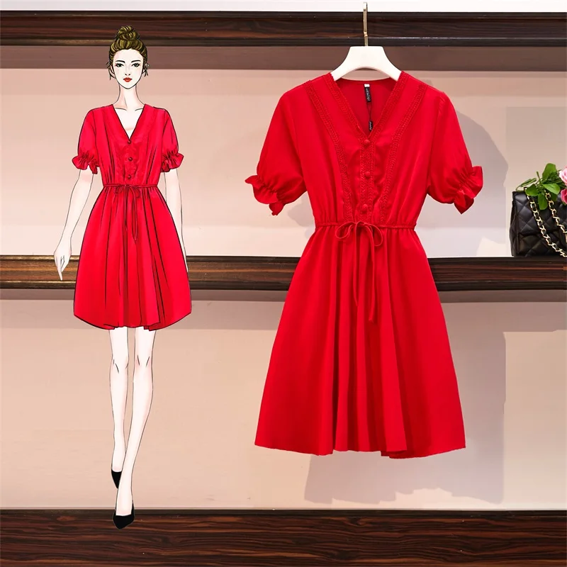 

4XL Plus Size Women Red Chiffon Dress Summer 2021 V-neck Short Sleeve Hollow out Embroidery High Waist Ladies A-Line Dresses