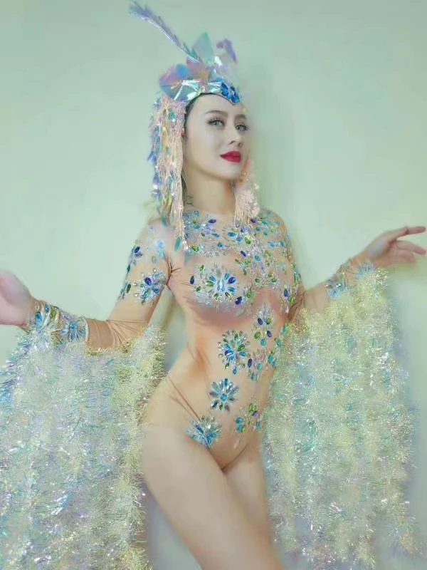 Multi Color Rhinestones Shiny Fringe Sleeve Bodysuit Elastic Crystals Bodysuits Nightclub Women DJ Singer Dancer Stage Costume