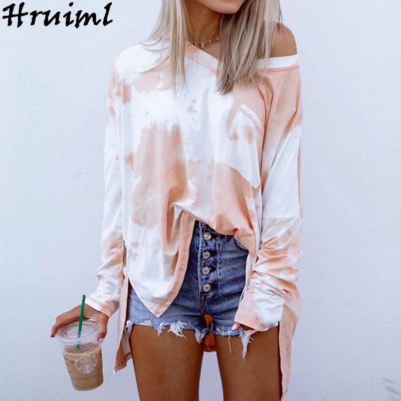 

Casual Loose Woman Tshirts Tie Dye Print Long Sleeve V Neck Pocket Female Tops Autumn Streetwear Oversize Tshirt Tops Women