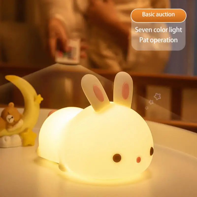 

Милый светодиодный ночсветильник с силиконовым сенсорным датчиком, ночник в виде кролика, настольное украшение для детской, спальни, с USB-за...