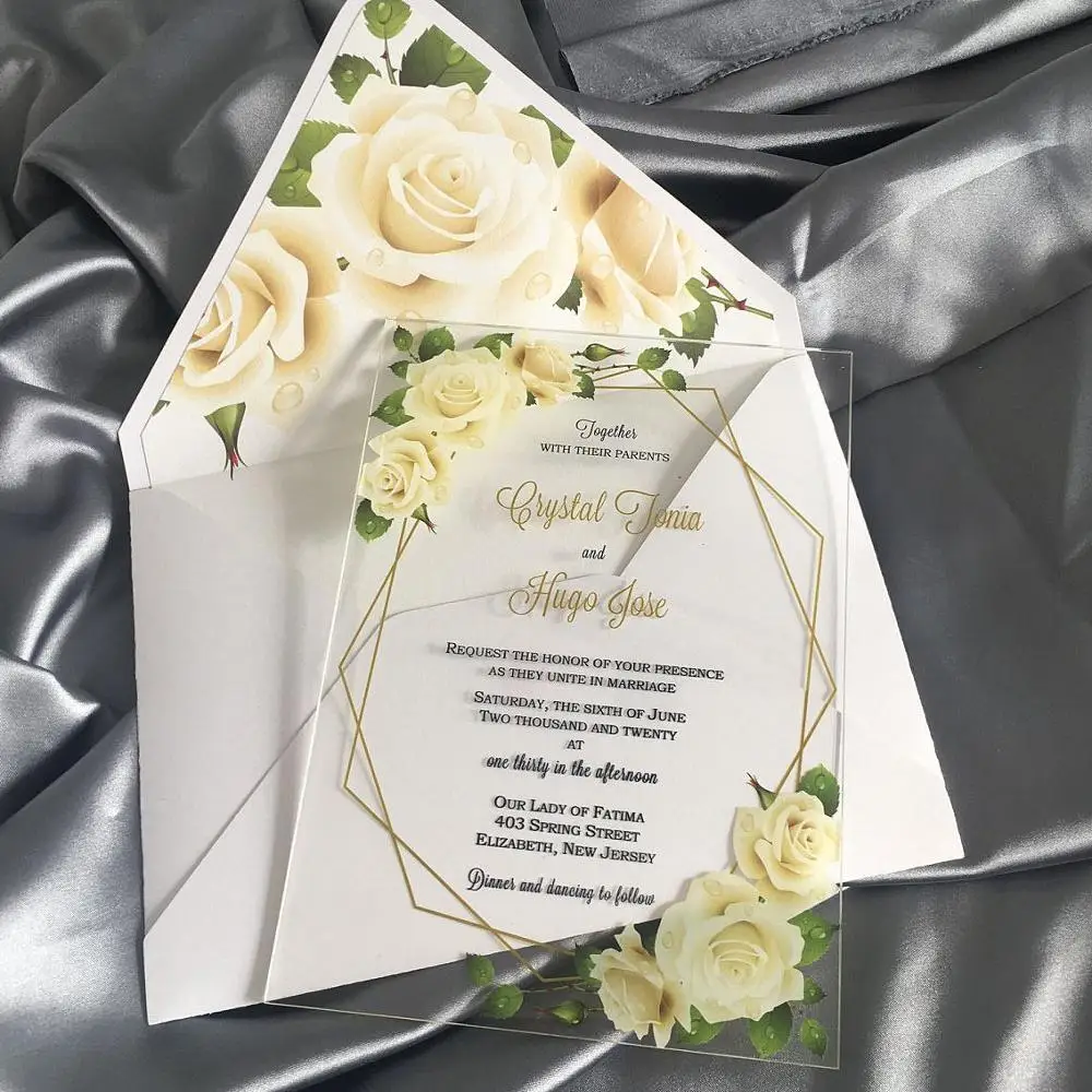 

Free Shipping White Rose Romantic Wedding Cards Transparent Acrylique Traditional Invitation Cards with Envelop