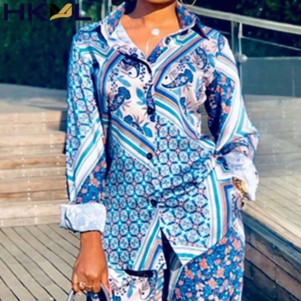 

Женский офисный костюм из двух предметов, однобортная рубашка с расклешенными рукавами и лацканами и расклешенные штаны, повседневный осен...