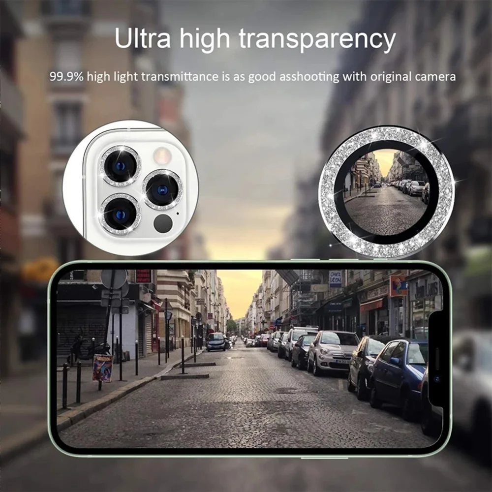 Glitter Tiny Diamond Alloy Ring Glass Tempered Camera Circle Cover For iPhone 13 Pro Max 12 11 Bling Lens Protector Sticker Film