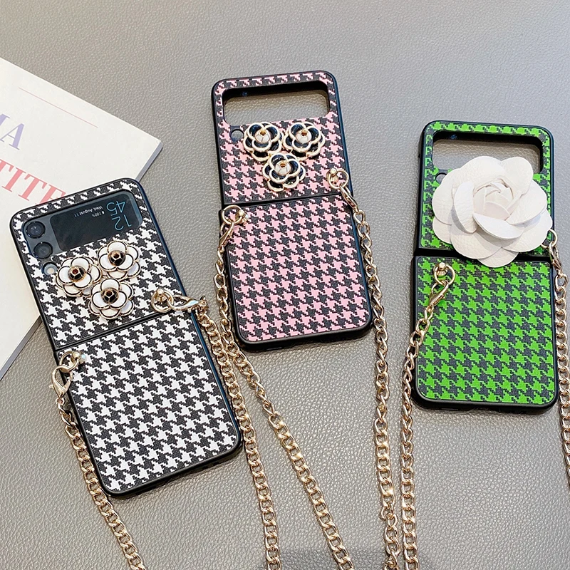 

Luxury 3D Camellia PU Leather Houndstooth Pattern Phone Case For Samsung Galaxy Z Flip 3 5G Woman Crossbody Gold Chain Cover