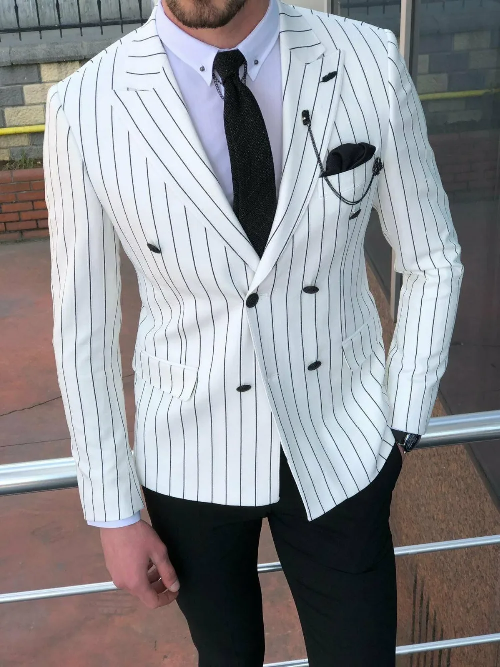 

Latest Designs Casual White Striped Mens Suits for Wedding Double Breasted Groom Tuxedo Slim Fit Terno Masculino Prom Party Suit