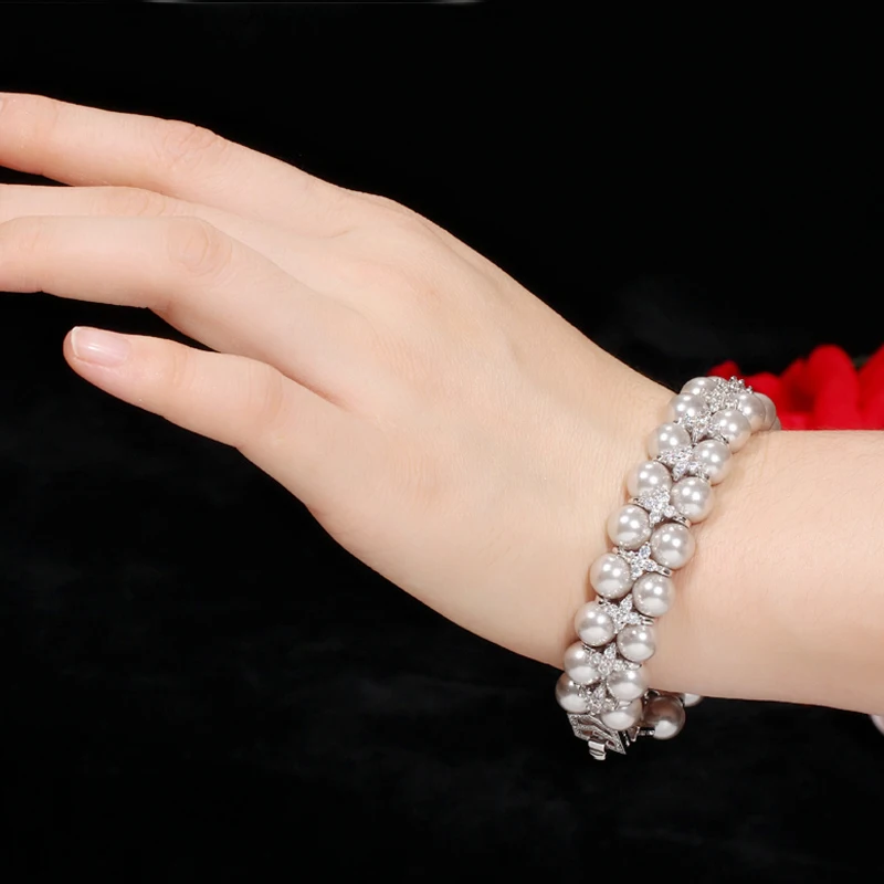 

BeaQueen Exquisite Cubic Zirconia Big Round White and Grey Pearl Wedding Bangles Bracelets Party Jewelry for Bridesmaids B181
