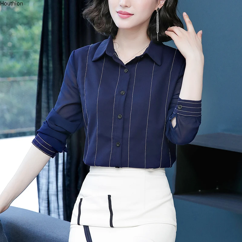 

Summer New Women's Blouses Polo Shirt Long Sleeve Tops Striped Blouse Girl Chiffon Casual Fashion Lady Loose