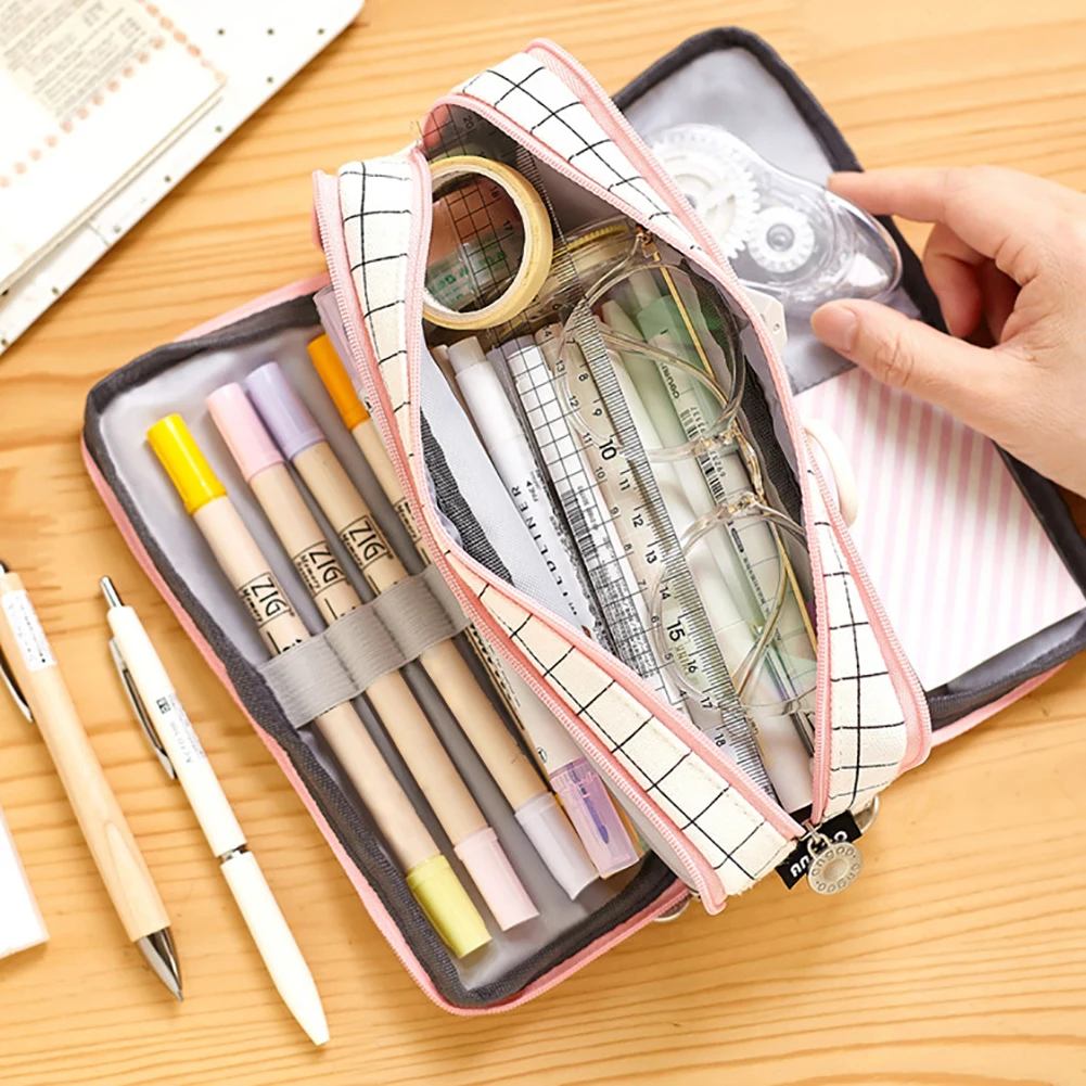 Клетчатый кавайный чехол для карандаша ткань высокая емкость школьные