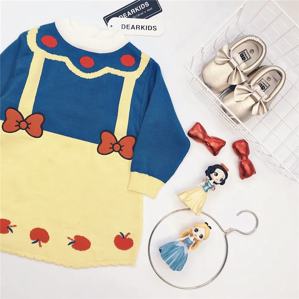 Autumn Winter Baby Girls Dress Snow White Knitted Crochet Princess Dresses For Korean Style Children Dummy 2Pcs Cute | Детская одежда и