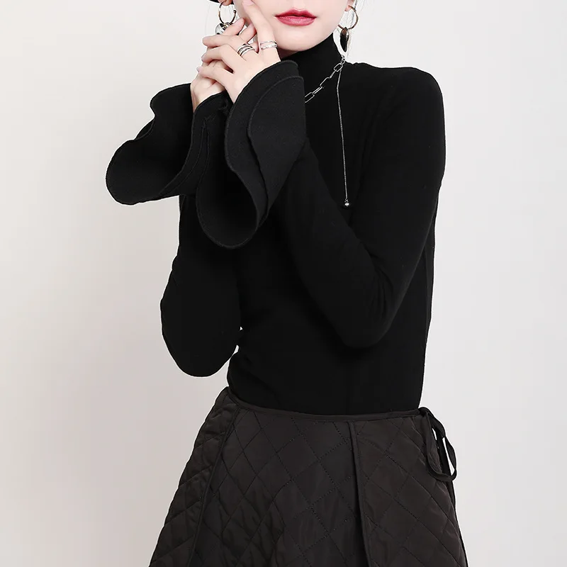 

2021 Spring Y2K Women's Shirt Three-Dimensional Layered Trumpet Sleeves Double-Sided Brushed Cotton Stretch Thin High-Neck Botto