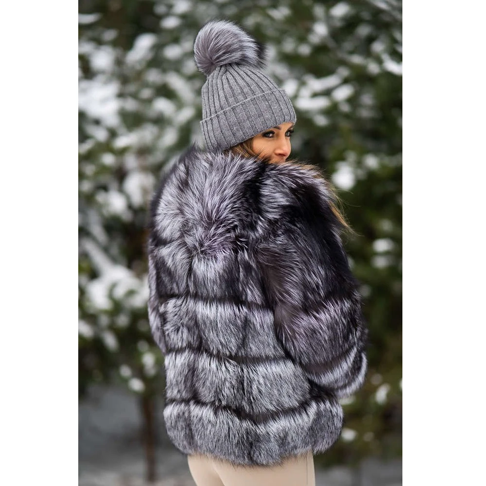 High Quality Real Silver Fox Fur Jacket Round Collar Winter Fashion New Natural Fox Fur Coat Female Trendy Fur Overcoats Luxury