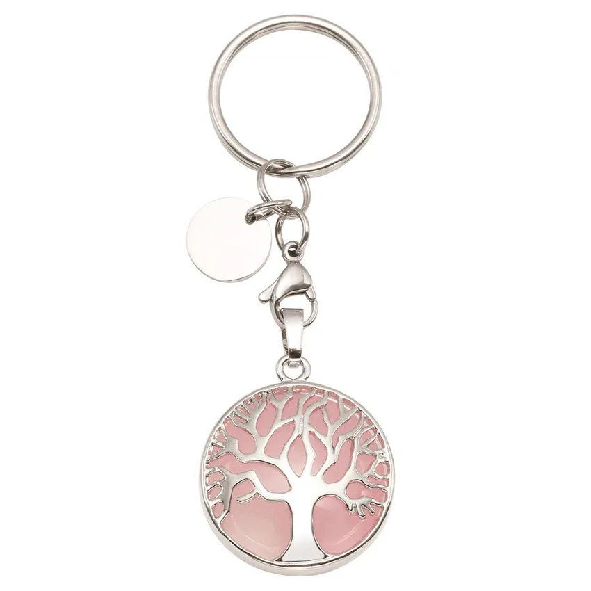 

FYJS Unique Silver Plated Tree of Life Circle Lobster Clasp Round Natural Rose Pink Quartz Key Chain for Elegant Women Gift