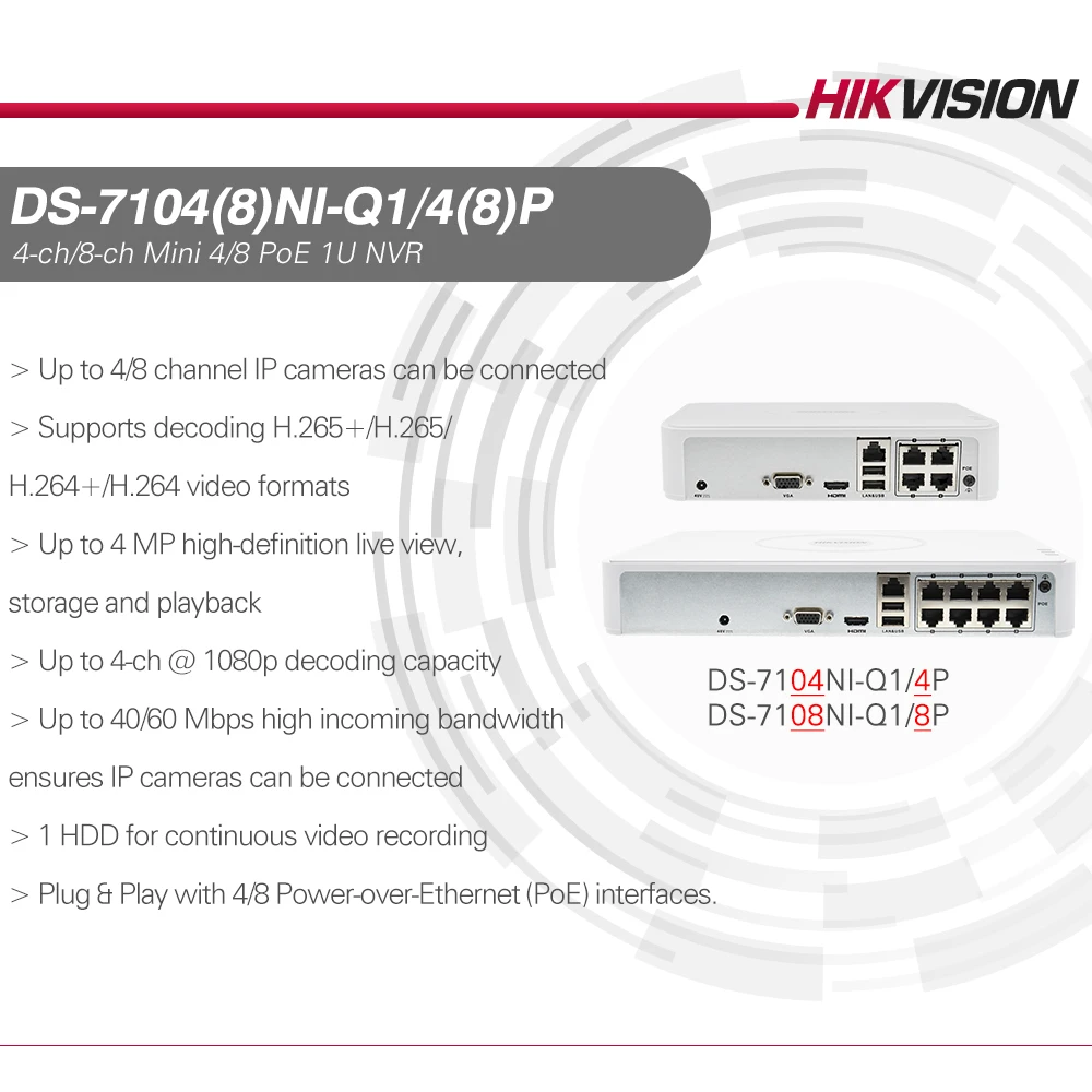 Hikvision NVR DS-7104NI-Q1/4P DS-7108NI-Q1/8P 4CH 8CH 4MP запись для PoE IP-Камеры CCTV сетевой