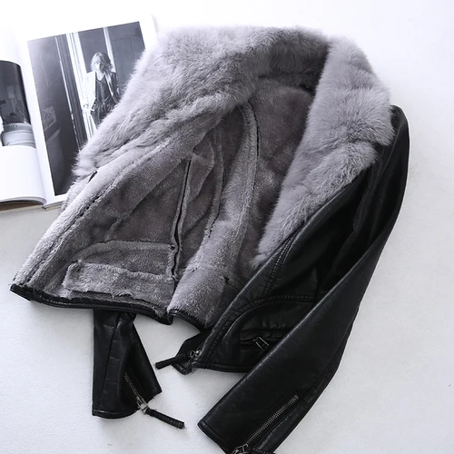 black grey fur Короткая кожаная куртка с воротником из кроличьего меха женская бархатная Толстая осенне-зимняя Корейская тонкая теплая куртка из искусственной кожи NS1541 - Цвет: black grey fur