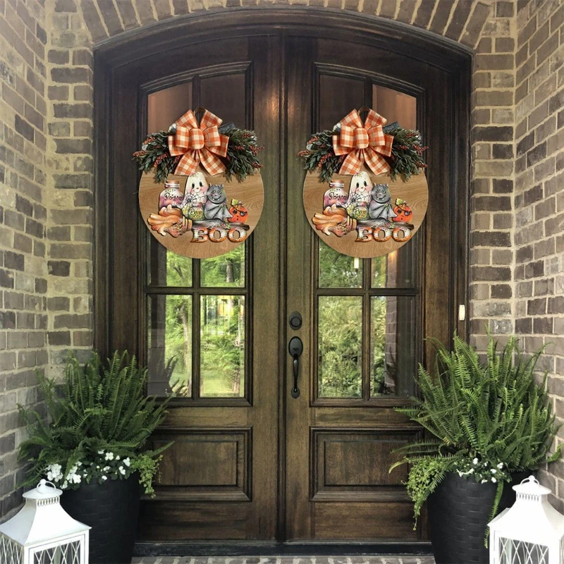 

Halloween Door Hanging Tag Wreath Wooden Fall Garland Sign for Halloween Party Home Farmhouse Garden Front Door Courtyard Decor