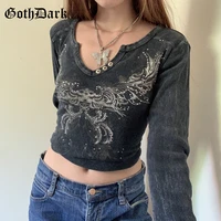 goth dark fairycore grunge sequined printing t shirts gothic vintage ribbed casual slim crop tops autumn long sleeve streetwear