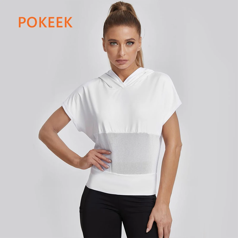 

Спортивная футболка POKEEK с рукавом «летучая мышь», топ с капюшоном, пуловеры, спортивная одежда, одежда для спортзала, для женщин, для йоги, бе...