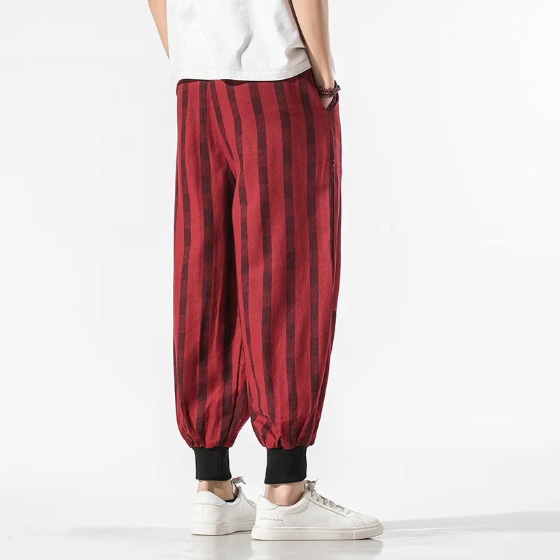 

2020 Cotton Harem Pants Men Baggy Pants Korean Style Striped Mens Crotch Wide Leg Pants Casual Loose Trousers Pantalones Hombre