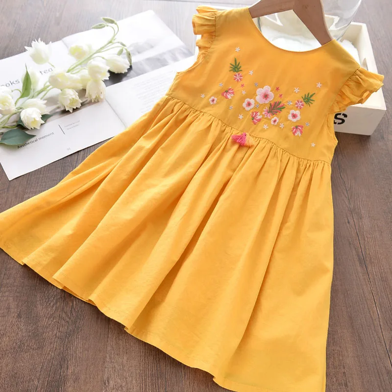 

Baby Girls Casual Summer Costumes Fashion Kids Embroidery Flowers Print Dresses Girl Sleeveless Vestidos Princess Outfits 3-7Y