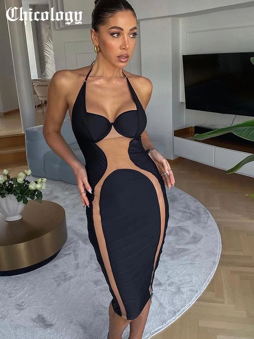 

Chicology 2022 Women Patchwork Sleeveless Fashion See Throught Bodycon Sexy Halter Backless Bandage Lace Up Midi Dress