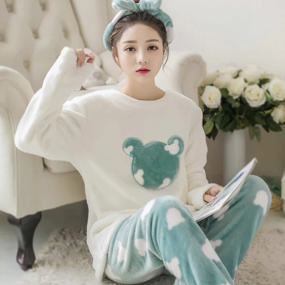 

YUANYUANJYCO Winter Women Regular Length Casual Coral Fleece Two Piece Outfits LNSTZ31 Warm Elastic Waist O-neck Cute Clothes