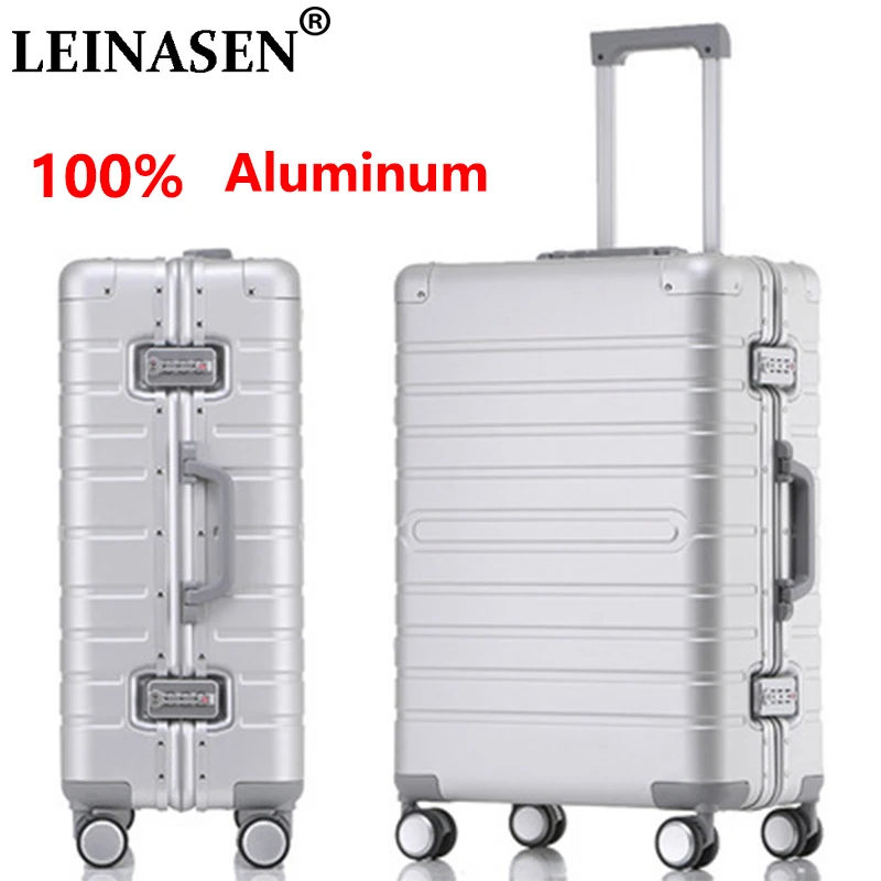 LEINASEN Sale 20"24"28" inch 100% Aluminum Luggage Business Travel Suitcase Spinner Metal Carry On Trolley Suitcase Bag On Wheel