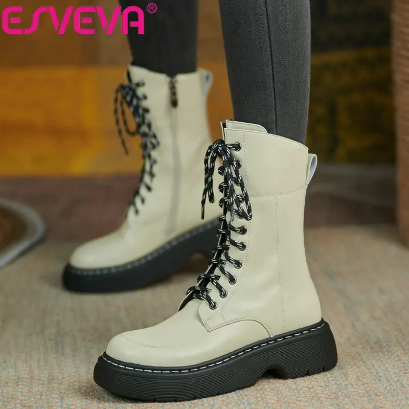 

ESVEVA 2022 Genuine Leather Concise All Match Motorcycle Boots Women Shoes Size 34-39