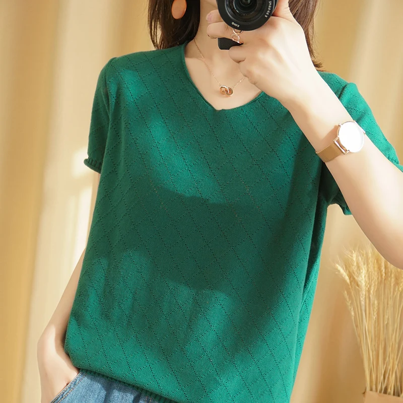 

100% Cotton Knitted Sweater Women Pullover Loose V-Neck Hollow Female Pullover Women Sweaters Knit Tops Summer Jumper Pull Femme