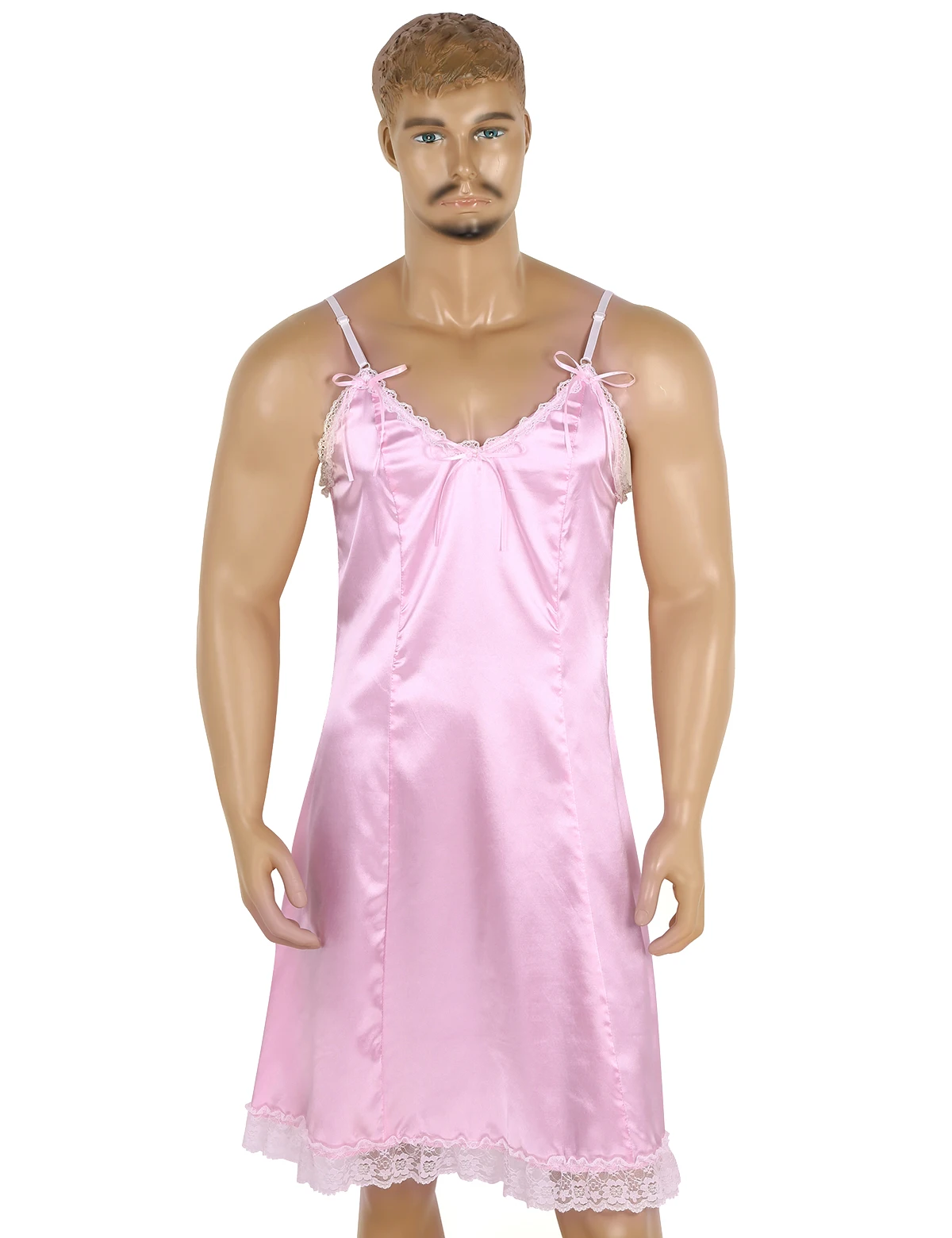 Men Adults Sissy Dress Vintage Fancy Slip Smooth Satin Adjustable Spaghetti Shoulder Straps V-neckline Low Back Men's Nightgown