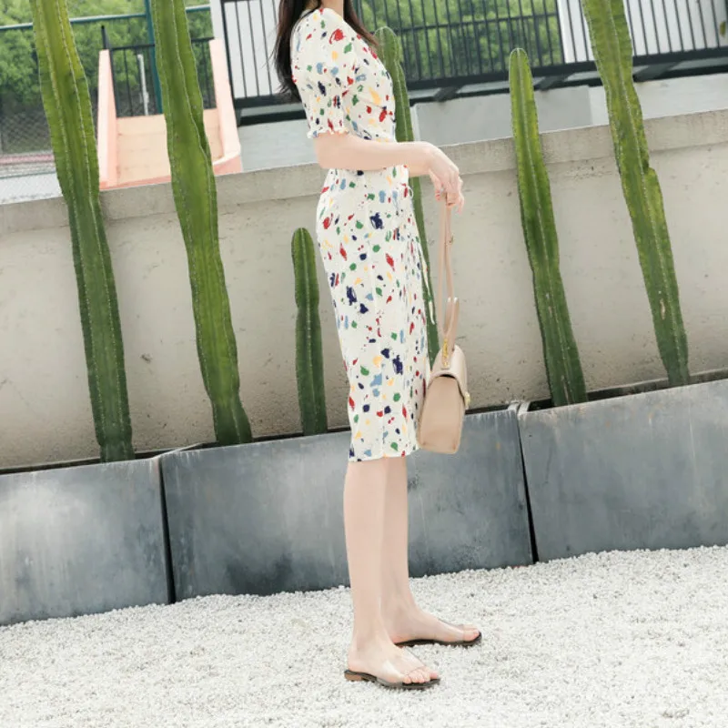 

Female New French Pastoral Print Wrap Skirt Puff Sleeve Lace Split Dress Women Cottagecore Dress Woman Slim Body Dresses Clothes