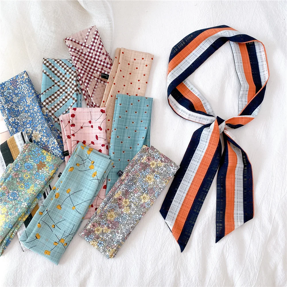 

2021Choice Korean Scarf Imitation Silk Scarf For Ladies Plaid Printing CHIC Women's Neck Scarves Blte Hair Stripe Magic Scarf