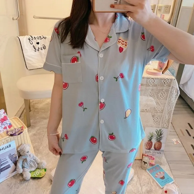 

Summer Milk Silk Cartoon Cherry Print Women Pajamas Set Short Sleeve Cardigan Pyjamas 2 Piece Suit Female Lapel Home Sleepwear
