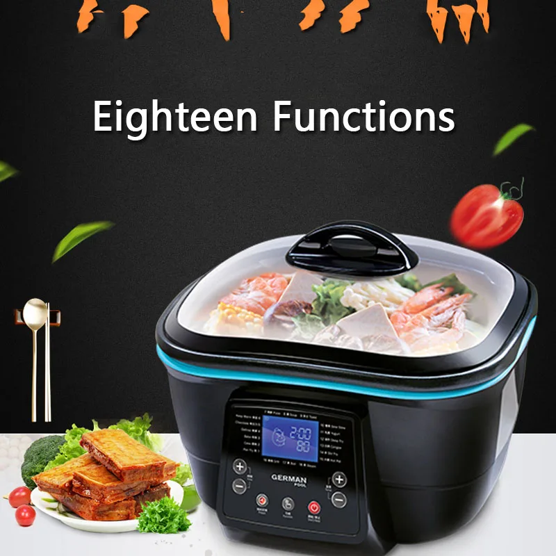 

220V multifunctional electric cooking machine 5L deep fryer non-stick flat-bottomed frying pan hot pot steaming stew soup 1500W