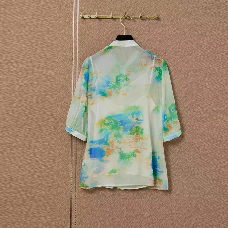 2021 Summer 100% silk V-Neck Tops blue blouses + Flower Printed layered Skirts women 2 Two Pieces Sets