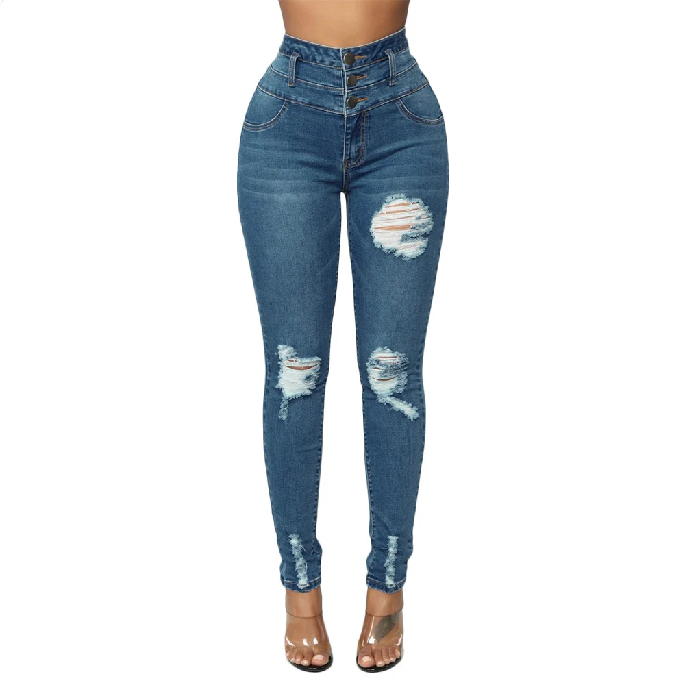 

High Waist Skinny Jeans Women Vintage Distressed Denim Pants Holes Destroyed Pencil Pants Casual Trousers summer Ripped Jean D30