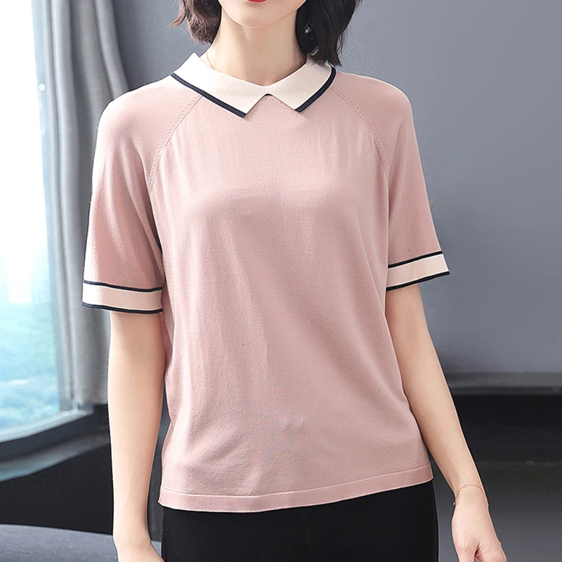 

Casual Turn-Down Collar Knitwear Tee Korean Style Summer Pullover Tops Fashion Patchwork Short Sleeve Knitted T-Shirt Women