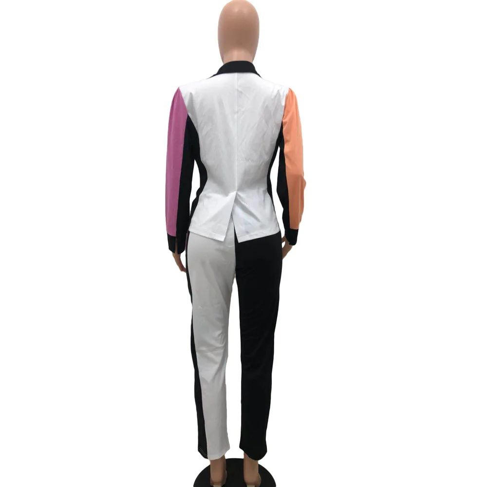 

Women Color Block Spliced Tracksuit Business Suit Notched Collar Long Sleeve Blazer and Pencil Pant Elegant Two Piece Outfit