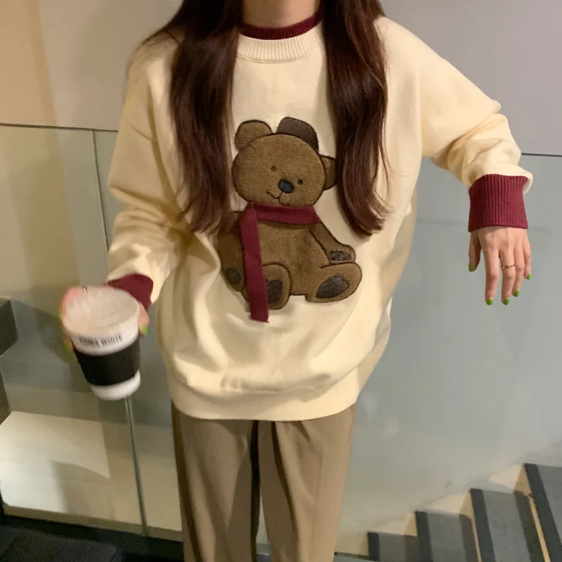 

Winter Sweater Women College Style Sweater Cartoon Bear Embroidery Sweater Loose Round Neck Long Sleeve Sweater Harajuku Sweater