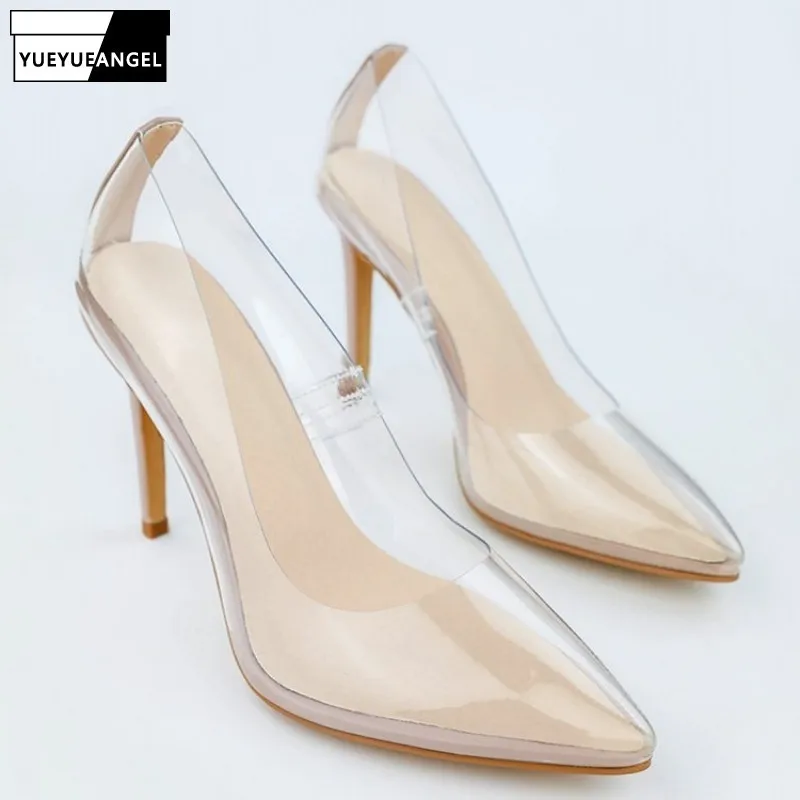 Пикантная прозрачная обувь ПВХ на высоком каблуке женские туфли-лодочки модные