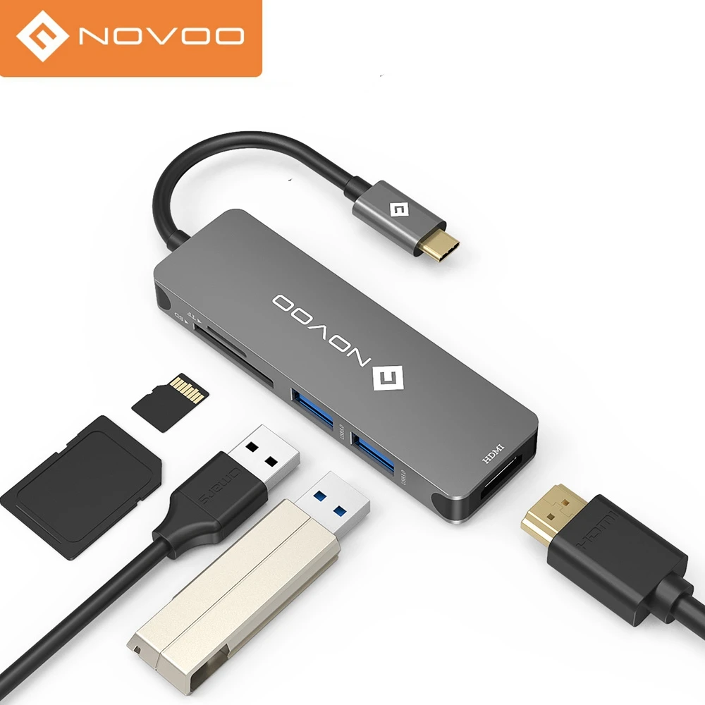 

NOVOO USB C Type C 5-port Hubs to HDMI 4K Portable USB Hub Docking Station with USB 3.0 SD TF Card Reader Slots